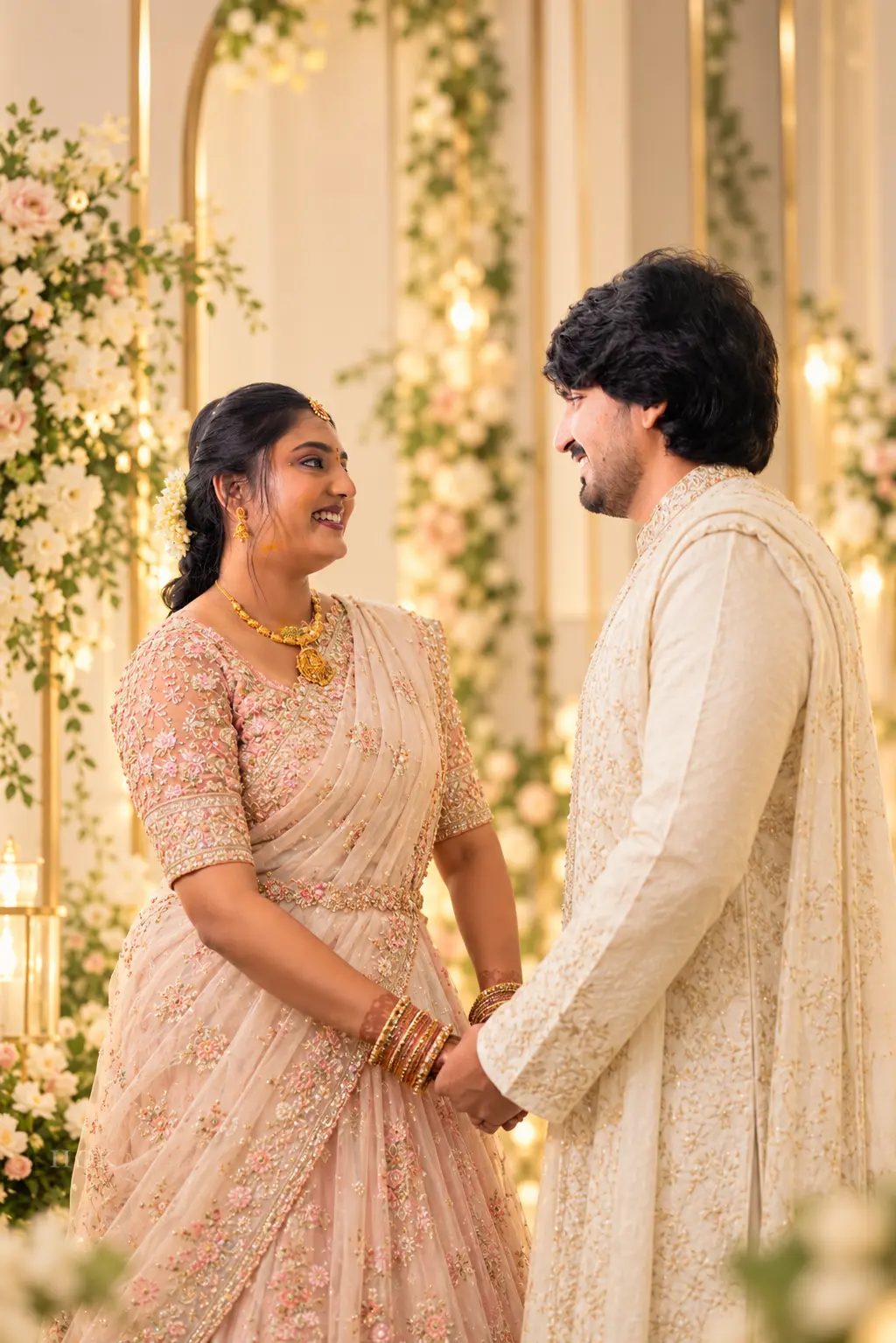 Charitha and Anvesh in pastel saree and sherwani