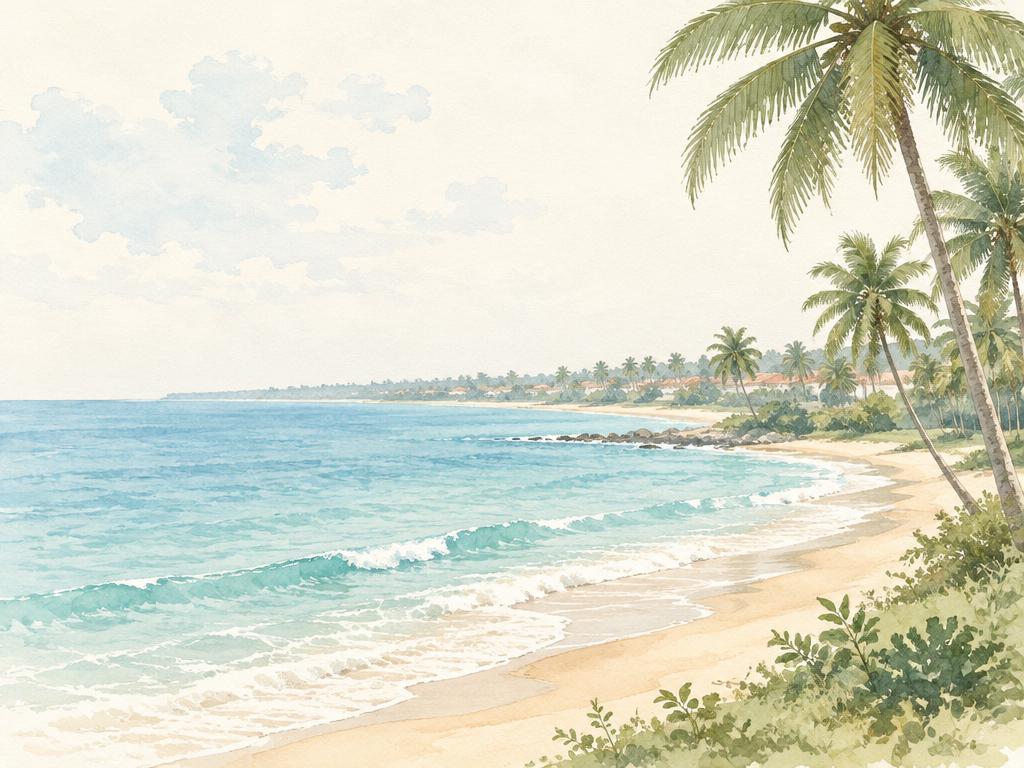 Watercolour destination illustration of the Ullal coastline